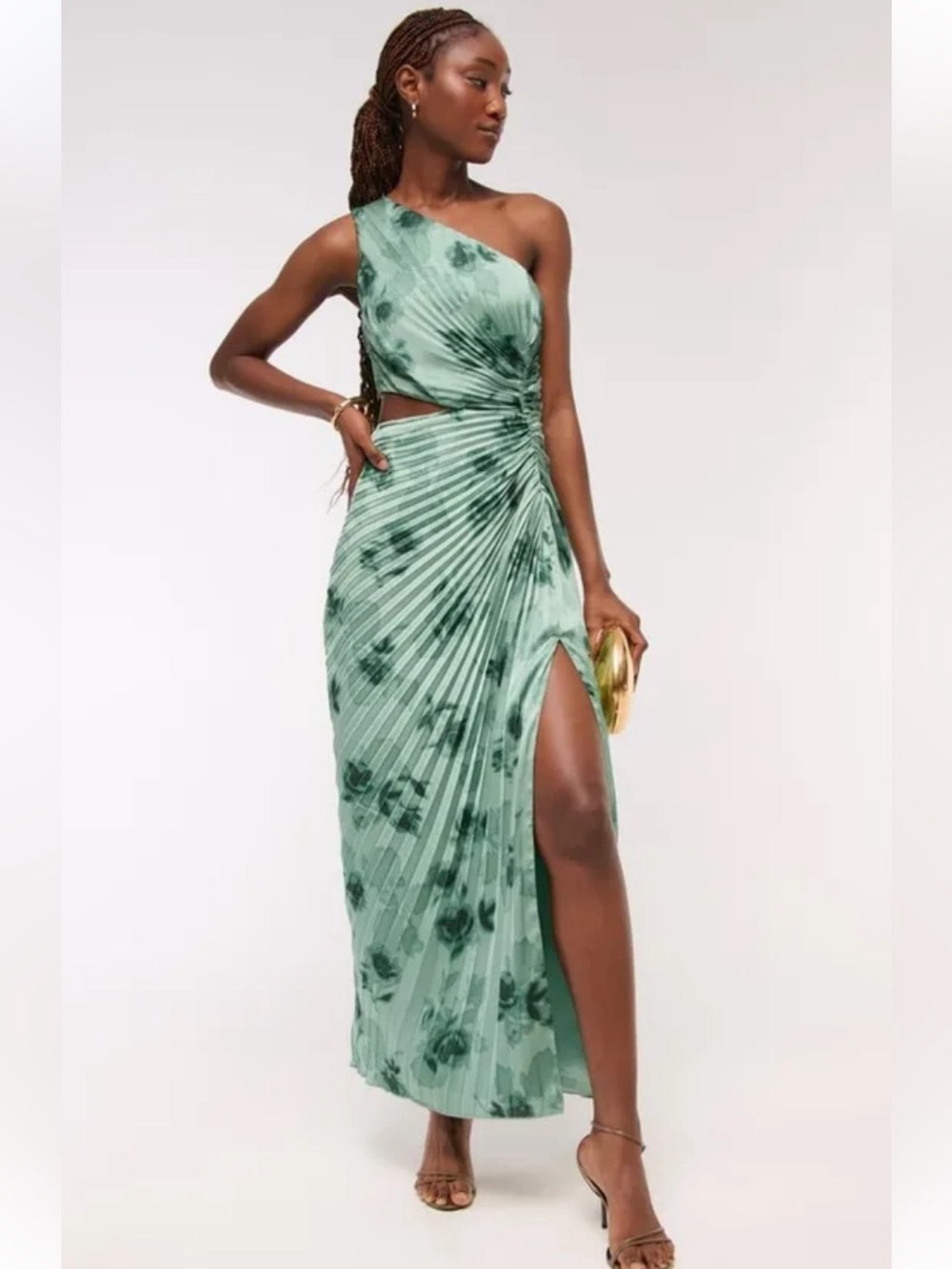 Abercrombie & Fitch Giselle One-Shoulder Mint Green Floral Pleated Maxi Dress